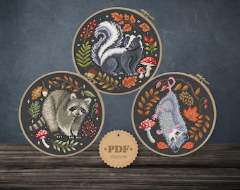 Woodland Animal Cross Stitch Bundle: Skunk, Raccoon and Opossum PDF Patterns