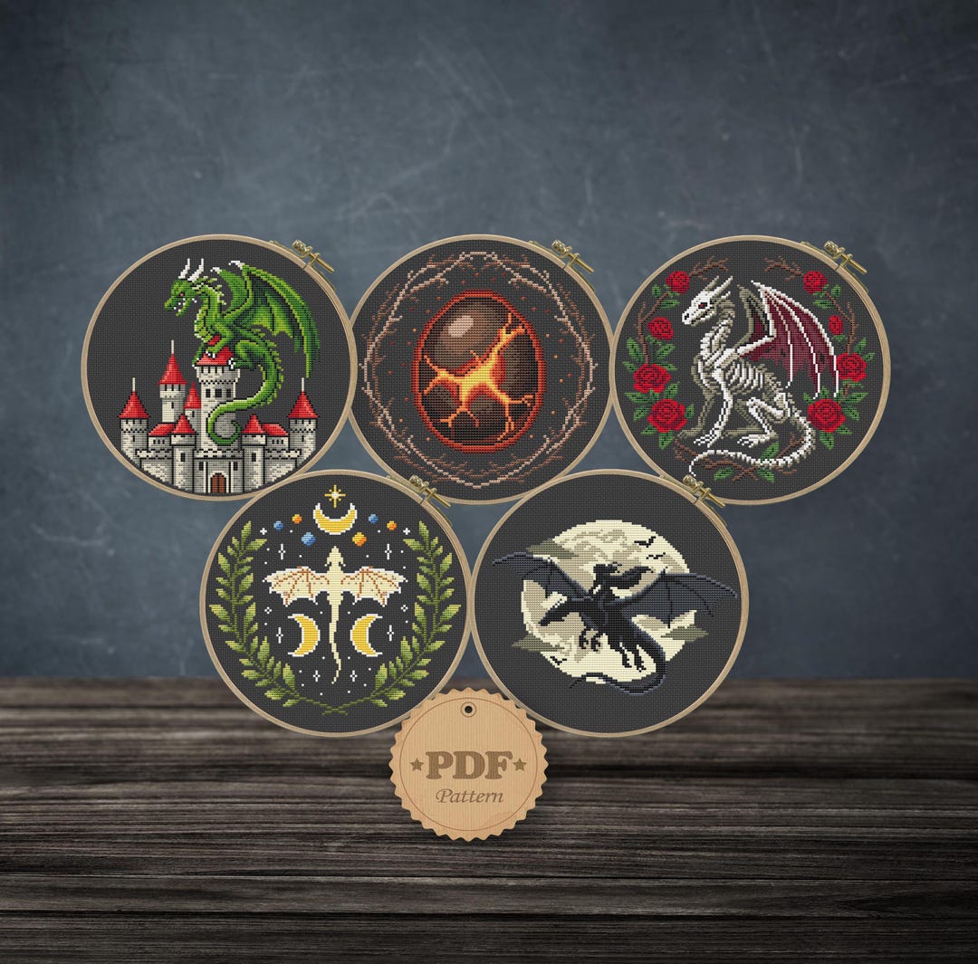 Fantasy Dragon Cross Stitch Pattern Bundle (5 Charts), Gothic Witchy ...