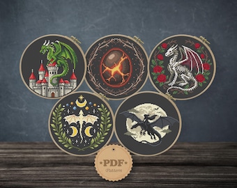 Fantasy Dragon Cross Stitch Pattern Bundle (5 Charts), Gothic Witchy Decor (PDF)