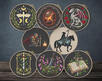 Dark Fantasy Cross Stitch Pattern Bundle, Witchy Medieval Charts (PDF Download)