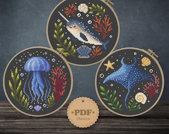 Sea Animals Cross Stitch Pattern Set, Jellyfish, Narwhal, Manta Ray Embroidery Design PDF