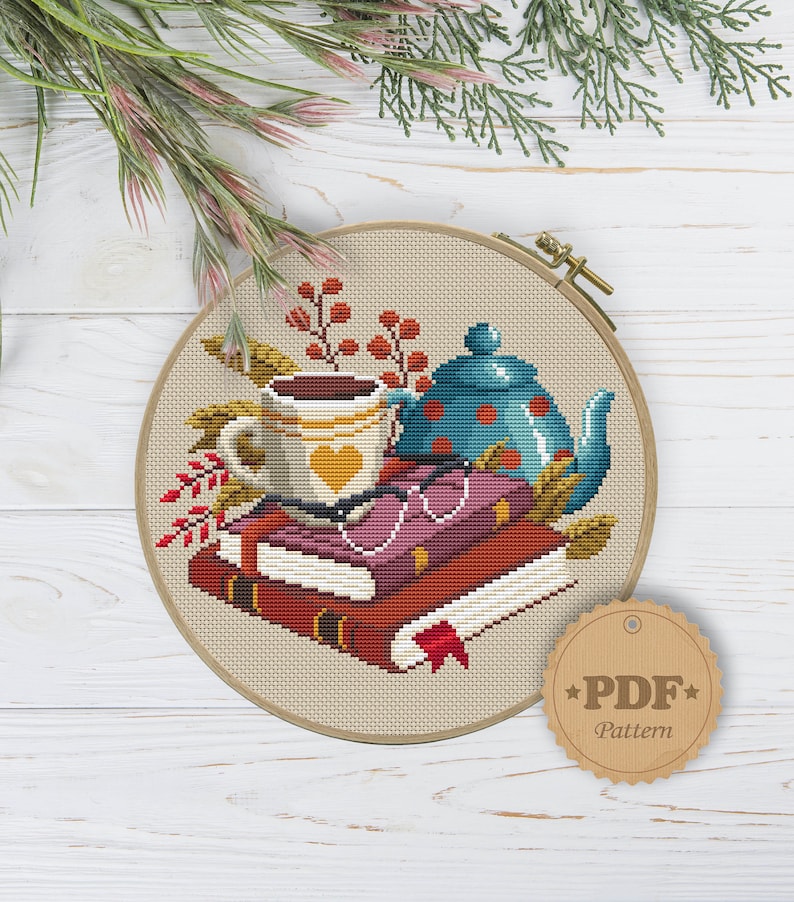 Books and Cofee Cross Stitch Pattern Pdf Autumn Cross Stitch Etsy