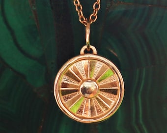 14K Gold Sun Disc Pendant - 14K Solid Gold Real Necklace Charm Celestial Fluted