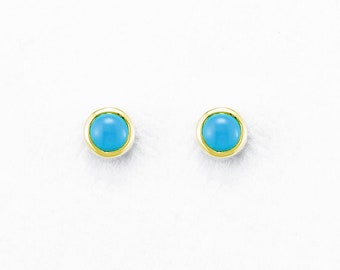14K Gold Turquoise Bezel Studs - 14KT 14K Solid Gold Real Yellow White Rose Single Pair Earrings Genuine Natural Real