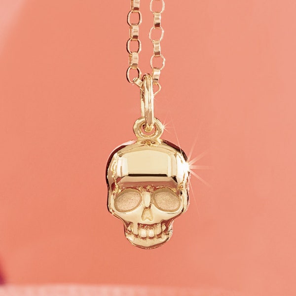 14K Gold Skull Pendant - 14K Solid Gold Real Charm Necklace Skeleton