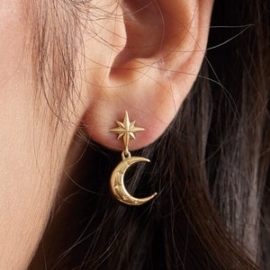 14K Gold Celestial Dangle Earrings - 14K Solid Gold Real Genuine 14KT Yellow White Rose Platinum Crescent Moon Star Stars