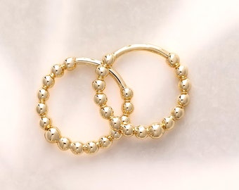 14K Gold Beaded Hoop Earrings - 14K Solid Gold Real Yellow Rose White Huggie