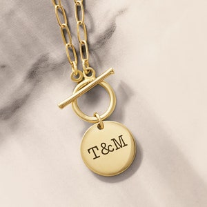 14K Gold Tag Toggle Necklace - 14K Solid Gold Real Toggle Clasp Paperclip Chain Engravable