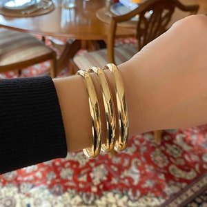 14K Gold Hinged Bangle - 14K Solid Gold Real Hollow Inside Bracelet Gift Yellow White Rose