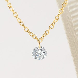 14K Gold Floating Diamond Necklace - 14K Solid Gold Real Yellow Rose White Pendant Gift Classic