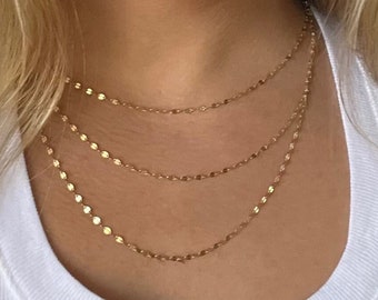 14K Gold Sparkle Chain - 14K Solid Gold 14KT Real Yellow Sequin Mirrored Layer 16" 18" 20" 24" Delicate Layered Necklace