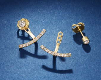 14K Gold Diamond Earring Jackets - 14K Solid Gold Real Bar Studs Yellow White Rose Earrings