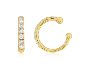 14K Gold Diamond Ear Cuff - 14K Solid Gold Real 14KT Yellow Rose White Mini Hoop No Piercing Non Wrap Pavé Pave Genuine Natural