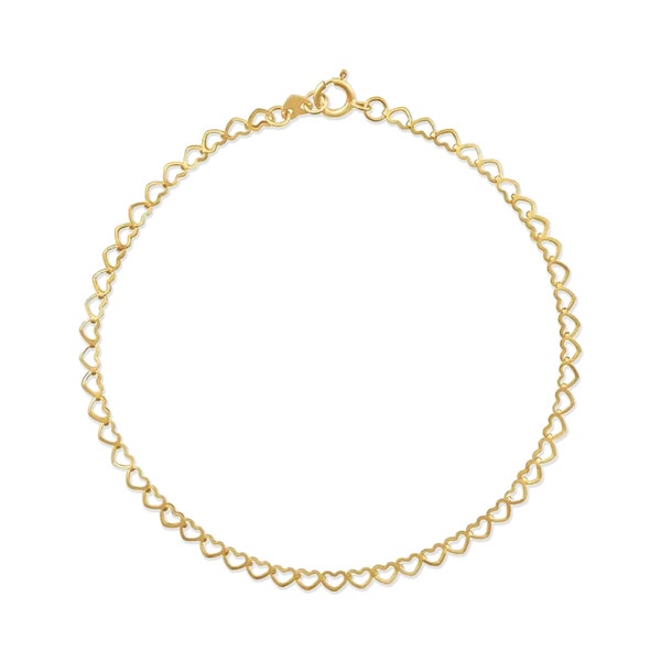 14K Gold Heart Chain Bracelet - 14K Solid Gold Real 14KT Anklet Valentine's Day Gift