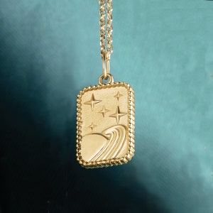 14K Gold Galaxy Dog Tag - 14K Solid Gold Real Yellow White Rose Platinum Pendant Necklace Charm Pendant