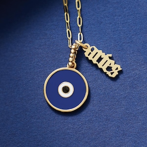 14K Gold Evil Eye Pendant w/ Enamel Details - 14KT 14K Solid Gold Real Yellow Rose White Pendant Charm Bracelet Genuine Natural Real