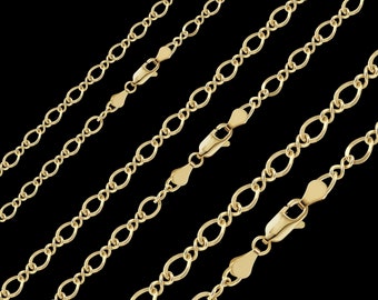 14K Solid Gold Figure Eight Chain - 14KT Pure Real Gold Yellow Necklace Bracelet Choker Layer Lobster 2.30mm 2.90mm 3.30mm