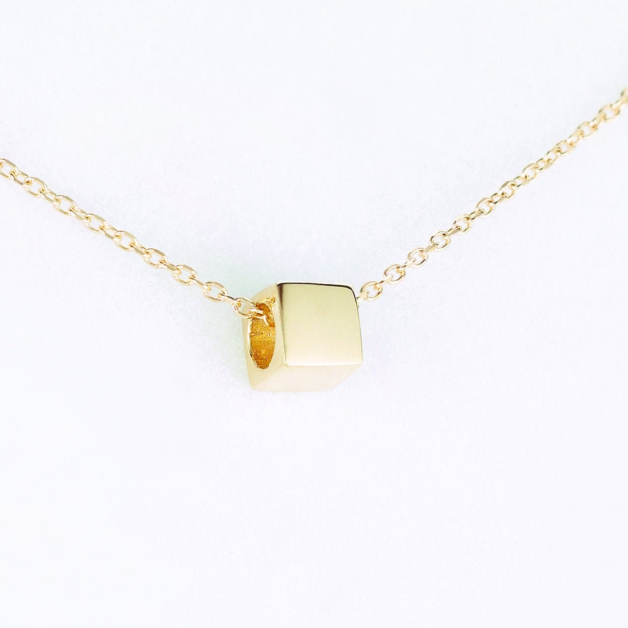 14K Gold Cube Slide Pendant - 14K Solid Gold Real Yellow White Rose Necklace Platinum Necklace