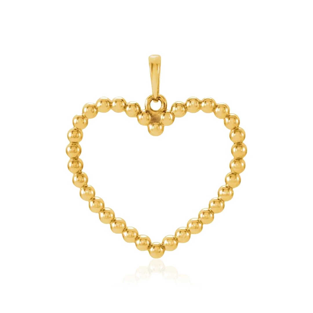 14K Gold Beaded Heart Pendant 14K Solid Gold Real 14KT Yellow White Rose Necklace Charm Outline
