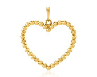 14K Gold Beaded Heart Pendant - 14K Solid Gold Real 14KT Yellow White Rose Necklace Charm Outline Large Love
