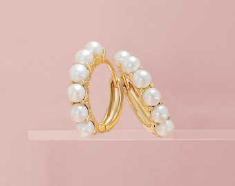 14K Solid Gold Pearl Huggie Earrings: Freshwater Cultured Pearls