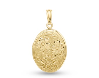 14K Gold Oval Floral Locket - 14K Solid Gold Real Photo Picture Gift