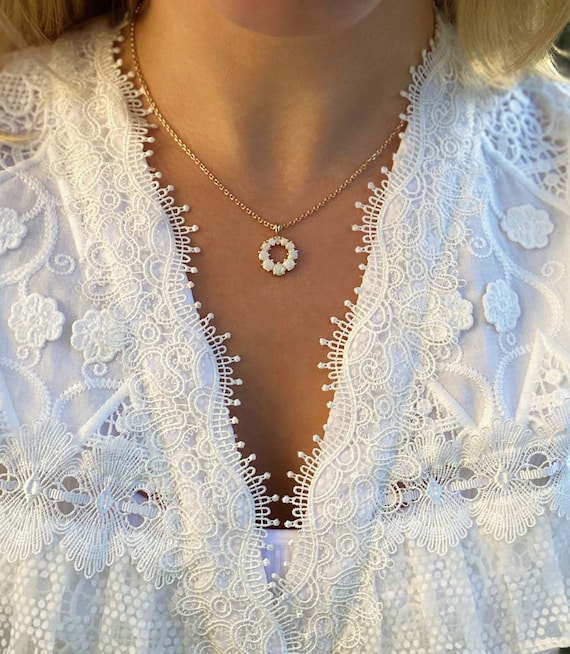 14K White or Yellow Gold Natural Pink Spinel & Opal Halo Charm Pendant 14K White or Yellow Gold Natural Pink Spinel & Opal Halo Charm Pendant