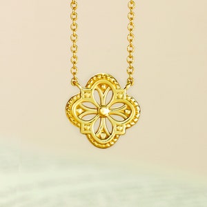 14K Gold Clover Necklace - 14KT 14K Solid Gold Real Yellow Rose White Platinum Vintage Pendant Lasercut Lucky Four Leaf