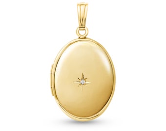 14K Gold Diamond Oval Locket Style #7 - 14KY 14KT 14K Solid Gold Yellow Picture Photo Necklace Pendant Engraved Personalized Engravable