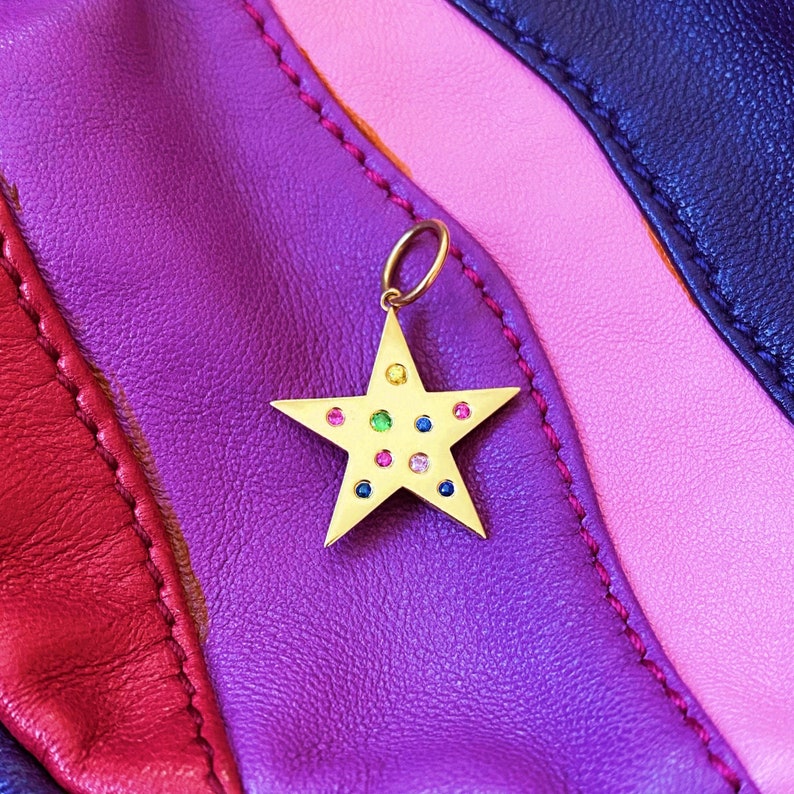 Rainbow Star Pendant 14KY 14KW 14KT 14K Solid Gold Yellow White Gemstone Mutlicolor Rainbow Ombre Ombr\u00e9 Sapphire Ruby Charm Necklace