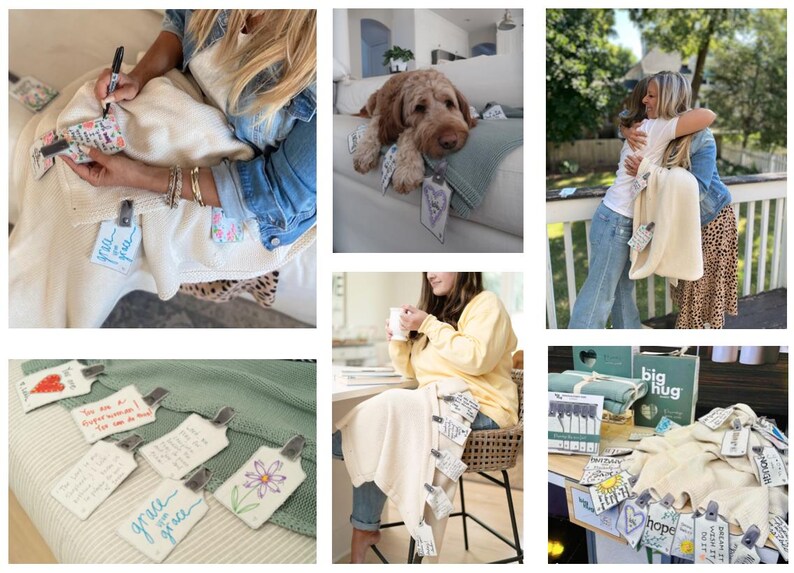May include: A white blanket with a variety of colorful tags attached to it. The tags have handwritten messages on them. The blanket is shown in different settings, including a living room, a bedroom, and outdoors. The blanket is a great way to add a personal touch to any space.