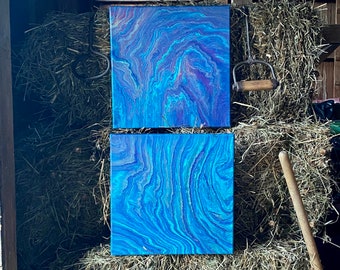 Blue Galaxy Metallic Swirl Painting Set. 2 small paintings with matching colors. 14 x 14 each