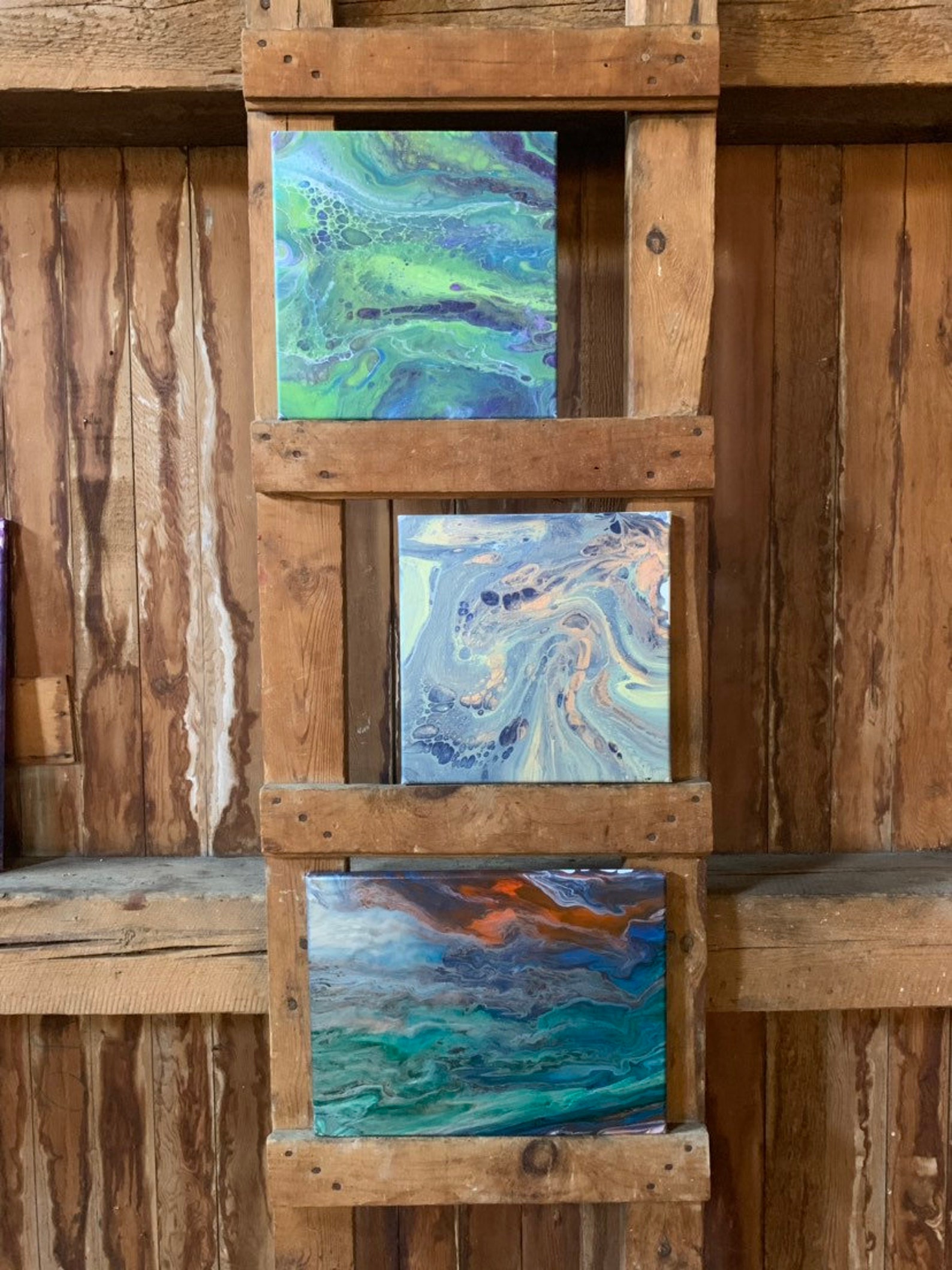 Original Rose Gold Metallic Wall Art With Blue and White. Small Canvas