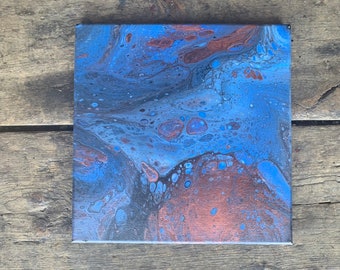 Abstract painting 12 x 12 blue and copper metallic swirl, bright and vibrant home decor, Modern Wall art, Gallery Wrap Canvas original