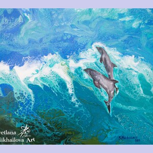 Original abstract art, pouring medium, mixed media art on wood panel, abstract ocean, the wave, dolphins, best holiday gift, home wall decor