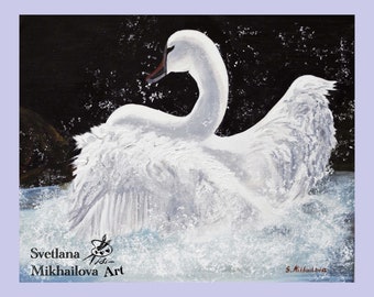 White swan acrylic painting, swan on the water, canvas acrylic painting, wall decor, hand made item
