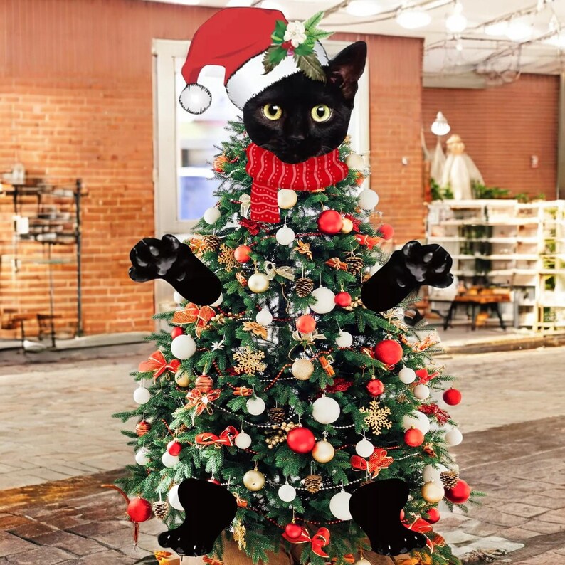 Large Black Cat Christmas Tree Topper Festive Holiday Decoration Cat
