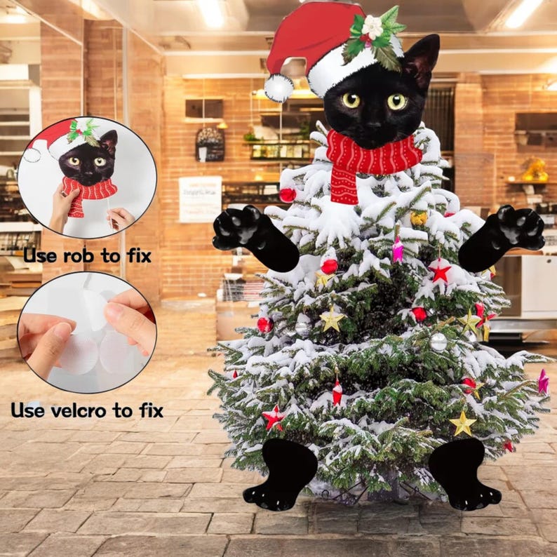 Large Black Cat Christmas Tree Topper Festive Holiday Decoration Cat