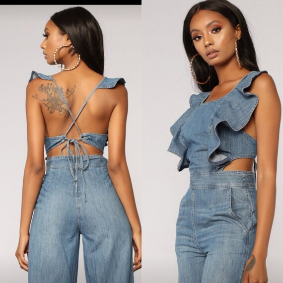 denim jumpsuit open back