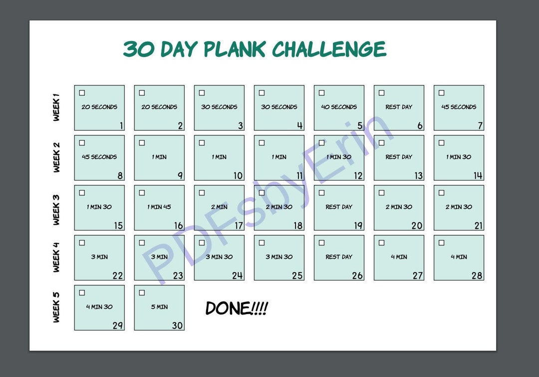 30 Day Plank Challenge Calendar Printable PDF Fitness Checklist - Etsy