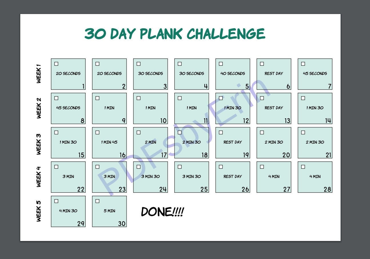 30 day plank challenge printable sale