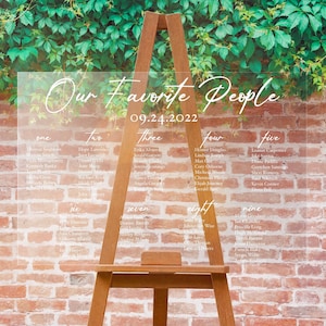 May include: A clear acrylic seating plan with the words "Our Favorite People" and the date "09.24.2022" in elegant script. The chart is displayed on a wooden easel against a brick wall and greenery.