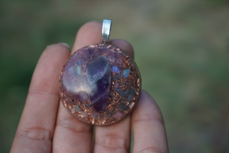 Orgonite pendant\u00ae to help emotional and mental unlocking with opals and amethyst lucid dreams