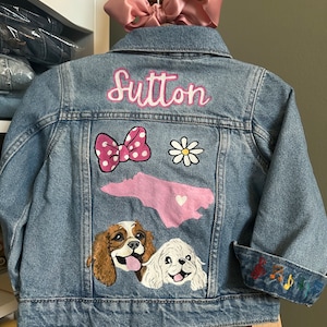 Custom Hand-Painted Baby and Toddler Jean Jacket Customizable Denim Gameday, Tailgate, Personalized Name, Flowers, Rainbow, Smiley image 1