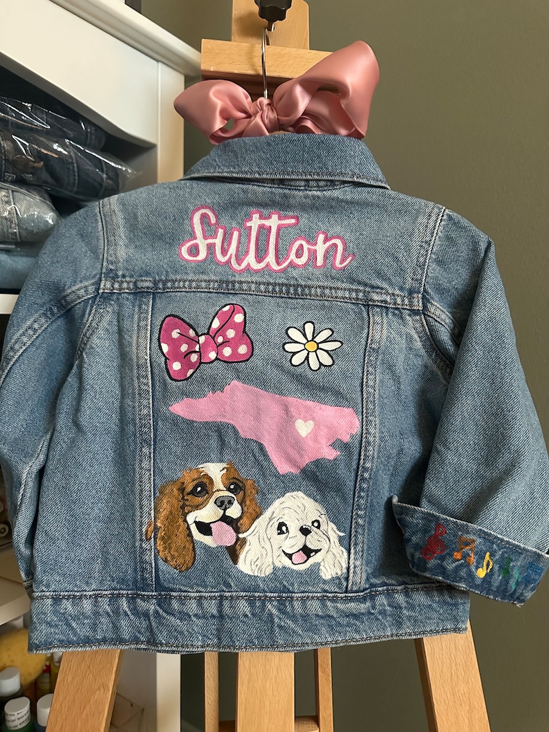 Custom Hand-Painted Baby and Toddler Jean Jacket Customizable Denim Gameday, Tailgate, Personalized Name, Flowers, Rainbow, Smiley image 1