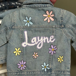 Custom Hand-Painted Baby and Toddler Jean Jacket Customizable Denim Gameday, Tailgate, Personalized Name, Flowers, Rainbow, Smiley image 3