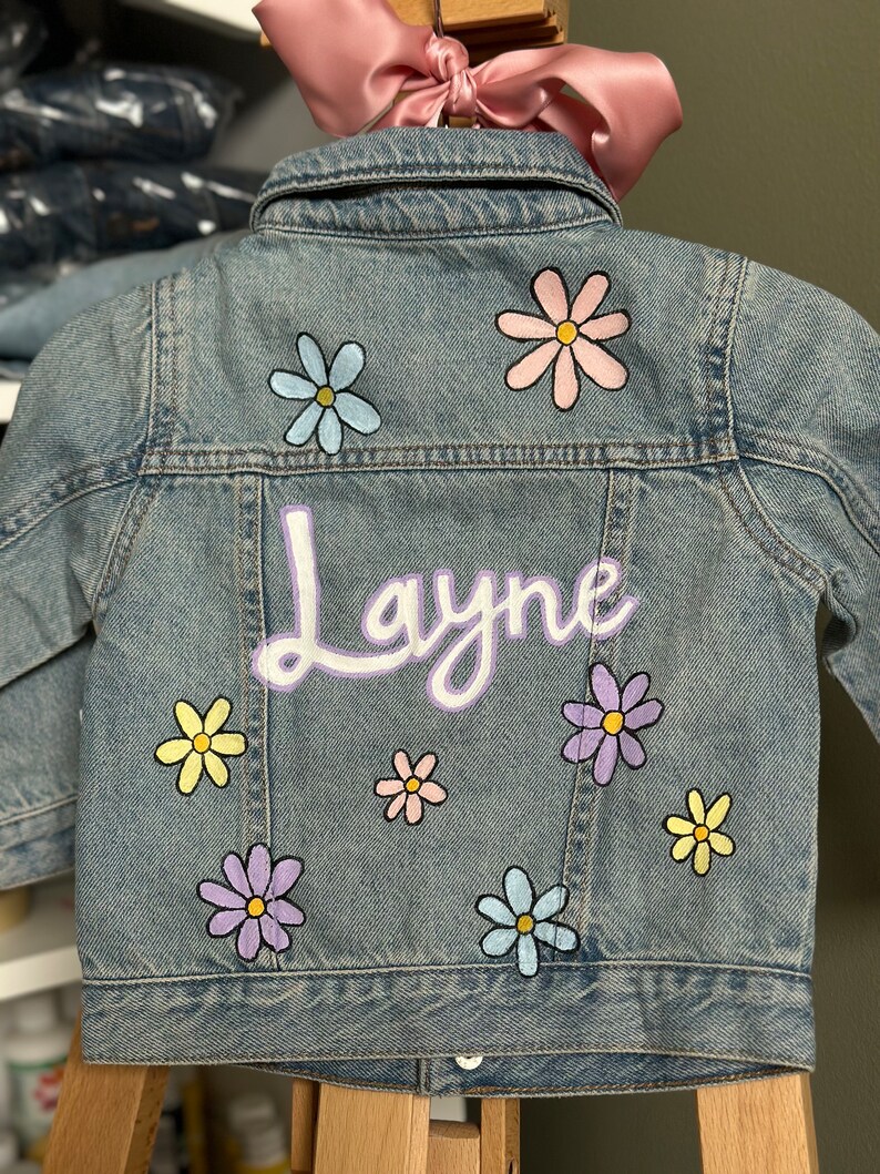 Custom Hand-Painted Baby and Toddler Jean Jacket Customizable Denim Gameday, Tailgate, Personalized Name, Flowers, Rainbow, Smiley image 3