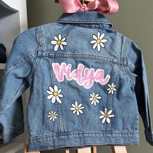 Custom Hand-Painted Baby and Toddler Jean Jacket Customizable Denim Gameday, Tailgate, Personalized Name, Flowers, Rainbow, Smiley image 6