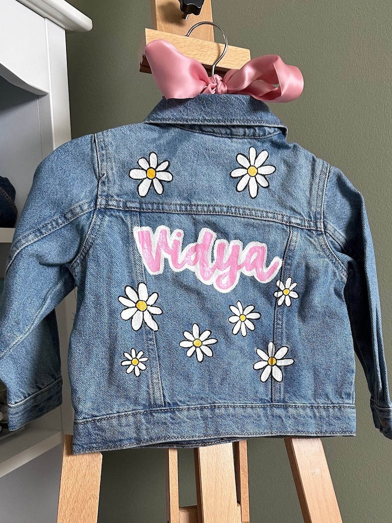 Custom Hand-Painted Baby and Toddler Jean Jacket Customizable Denim Gameday, Tailgate, Personalized Name, Flowers, Rainbow, Smiley image 6