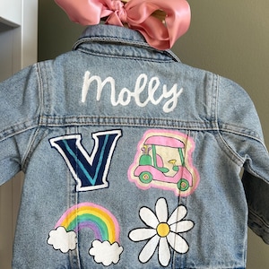 Custom Hand-Painted Baby and Toddler Jean Jacket Customizable Denim Gameday, Tailgate, Personalized Name, Flowers, Rainbow, Smiley image 5